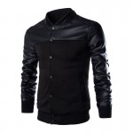 Men Sweatshirts Patchwork PU Leather Design Fashion Jacket Men Single Breasted Casual Stand Collar Jacket Coat Plus Size M-XXXL