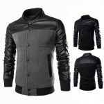 Men Sweatshirts Patchwork PU Leather Design Fashion Jacket Men Single Breasted Casual Stand Collar Jacket Coat Plus Size M-XXXL