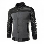 Men Sweatshirts Patchwork PU Leather Design Fashion Jacket Men Single Breasted Casual Stand Collar Jacket Coat Plus Size M-XXXL
