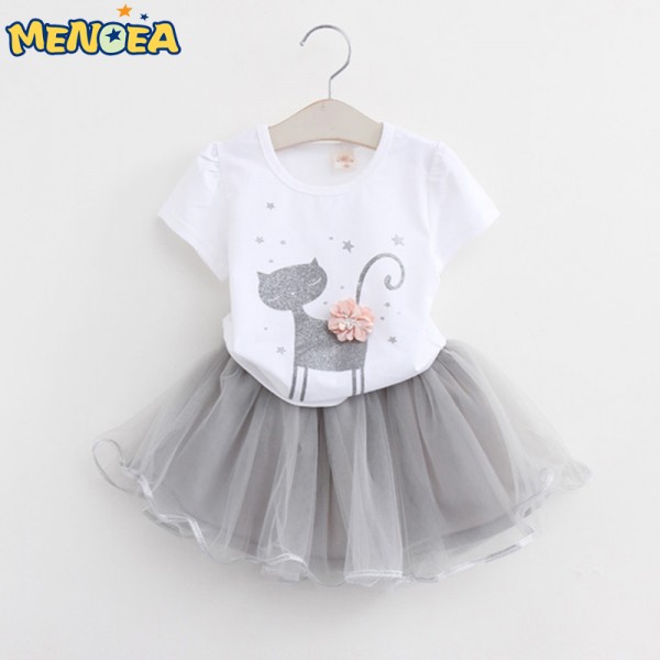 Menoea Girls Dress  New 2017 Clothes 100% Summer Fashion Style Cartoon Cute Little White  Cartoon Dress Kitten Printed Dress