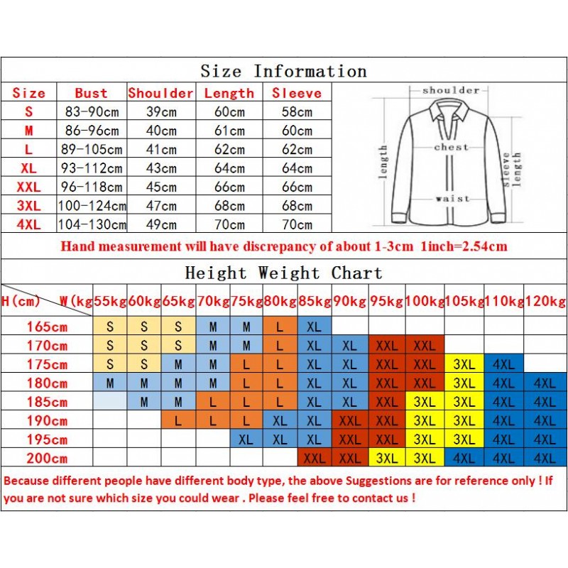 Shirt Size Height Weight Chart