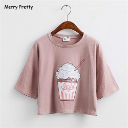 Merry Pretty 2017 summer new Harajuku women t shirt ice cream Korean style cotton loose crop tops kawaii t-shirt women tee tops