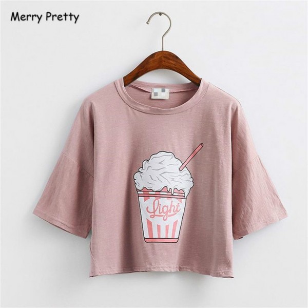 Merry Pretty 2017 summer new Harajuku women t shirt ice cream Korean style cotton loose crop tops kawaii t-shirt women tee tops