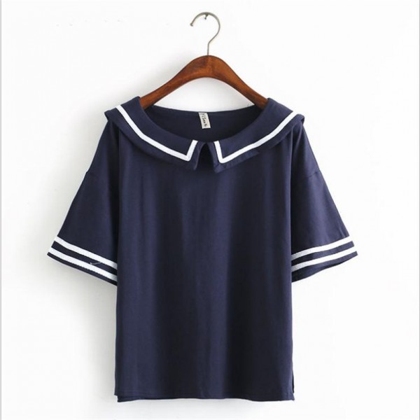 Merry Pretty Female Summer T shirt Navy Sailor Style Cotton T-shirt Women Tops Cute Japanese School Uniform For Girls 3Colors
