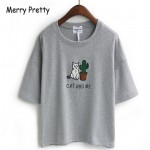 Merry Pretty Harajuku t shirt women Korean style t-shirt tee kawaii cat embroidery cotton tops shirt camiseta feminina hot sales