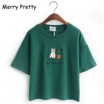 Merry Pretty Harajuku t shirt women Korean style t-shirt tee kawaii cat embroidery cotton tops shirt camiseta feminina hot sales