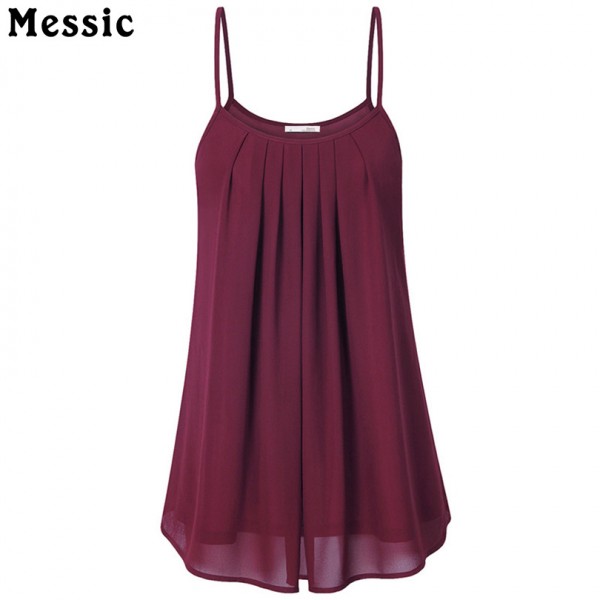 Messic Women's Summer Sleeveless Pleated Chiffon Layered Camis Front Pleat Cool Tank Top Red Black Blue Top women summer 2017