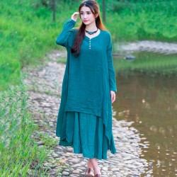 Mferlier Spring Autumn Dress Loose Long Sleeve Cotton Linen Long Dress for Women O Neck Long Sleeve Maxi Dress