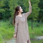 Mferlier Spring Autumn Dress Loose Long Sleeve Cotton Linen Long Dress for Women O Neck Long Sleeve Maxi Dress