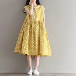 Mferlier Summer Womens Dresses Cotton Linen Lolita Dress Short Sleeve Dot Print Peter Pan Collar Yellow Loose Casual Dress