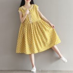 Mferlier Summer Womens Dresses Cotton Linen Lolita Dress Short Sleeve Dot Print Peter Pan Collar Yellow Loose Casual Dress