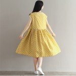 Mferlier Summer Womens Dresses Cotton Linen Lolita Dress Short Sleeve Dot Print Peter Pan Collar Yellow Loose Casual Dress