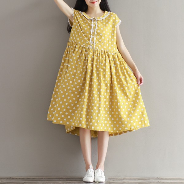 Mferlier Summer Womens Dresses Cotton Linen Lolita Dress Short Sleeve Dot Print Peter Pan Collar Yellow Loose Casual Dress