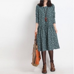 Mferlier Winter Dress Loose O Neck Long Sleeve Women Dress Floral Print Cotton Vintage Dress Size M-2XL