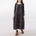 Mferlier Women Vintage Long Sleeve Loose Casual One Piece Vintage Dress Floral Print Cotton Maxi Dress 