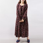 Mferlier Women Vintage Long Sleeve Loose Casual One Piece Vintage Dress Floral Print Cotton Maxi Dress 