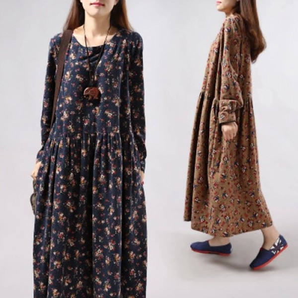 Mferlier Women Vintage Long Sleeve Loose Casual One Piece Vintage Dress Floral Print Cotton Maxi Dress 