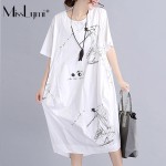 MissLymi Plus Size Women Vintages T shirt Long Dress 2017 Summer Asymmetry Short Sleeve Casual Loose Print White Dress Fit 6XL