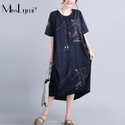 MissLymi Plus Size Women Vintages T shirt Long Dress 2017 Summer Asymmetry Short Sleeve Casual Loose Print White Dress Fit 6XL