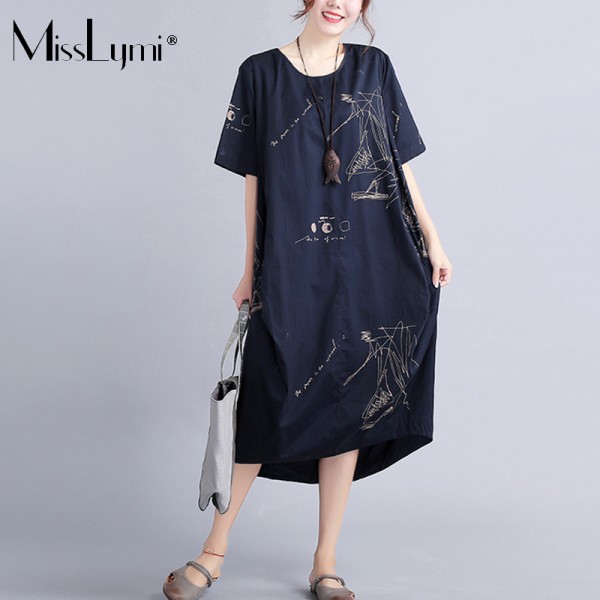 MissLymi Plus Size Women Vintages T shirt Long Dress 2017 Summer Asymmetry Short Sleeve Casual Loose Print White Dress Fit 6XL