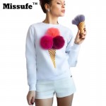 Missufe Plain Blue Cotton Women Jumper Sweatshirt Colorful Ice Cream 3D Artificial Fur Plush Ball Casual Women Tops Pullovers