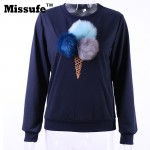 Missufe Plain Blue Cotton Women Jumper Sweatshirt Colorful Ice Cream 3D Artificial Fur Plush Ball Casual Women Tops Pullovers