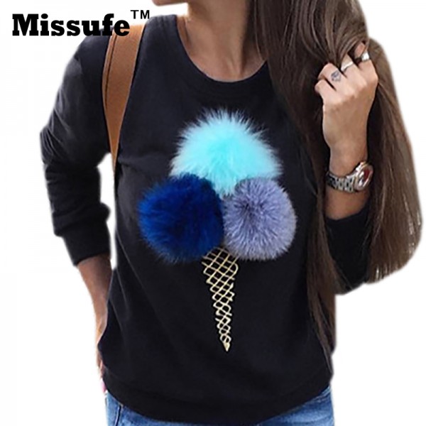 Missufe Plain Blue Cotton Women Jumper Sweatshirt Colorful Ice Cream 3D Artificial Fur Plush Ball Casual Women Tops Pullovers