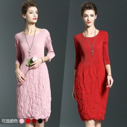 Miyake Pleats Dress 2016 Autumn New Women's Elegant Slim O-Neck 3/4 Sleeve Solid Pleated Dress For Weight 45-80KG