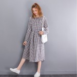 Mori Girl Autumn Spring Midi Women Dress Sweet Round Neck Plaid Cotton Linen Femme Robe Vestidos Long Sleeve Casual Loose Dress