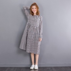 Mori Girl Autumn Spring Midi Women Dress Sweet Round Neck Plaid Cotton Linen Femme Robe Vestidos Long Sleeve Casual Loose Dress