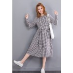 Mori Girl Autumn Spring Midi Women Dress Sweet Round Neck Plaid Cotton Linen Femme Robe Vestidos Long Sleeve Casual Loose Dress