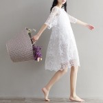 Mori Girl Chiffon Dress White Color High Waist Embroidery Lace Women Dress Half Dress O Neck Two Pieces Plus Size XL