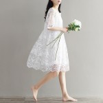 Mori Girl Chiffon Dress White Color High Waist Embroidery Lace Women Dress Half Dress O Neck Two Pieces Plus Size XL