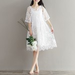 Mori Girl Chiffon Dress White Color High Waist Embroidery Lace Women Dress Half Dress O Neck Two Pieces Plus Size XL
