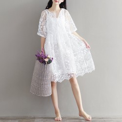 Mori Girl Chiffon Dress White Color High Waist Embroidery Lace Women Dress Half Dress O Neck Two Pieces Plus Size XL