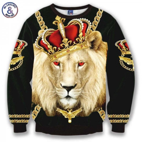 Mr.1991INC Hot sell Men/women's casual hoodies print Crown Lion King Chain 3d sweatshirts slim street wear sudaderas