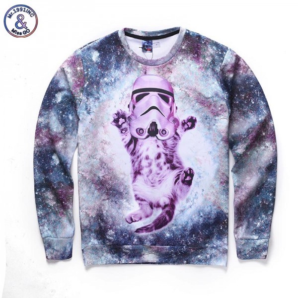 Mr.1991INC NNew fashion men/women casual space galaxy hoodies funny print cat astronauts autumn winter thin 3d sweatshirts