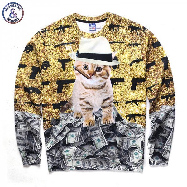 Mr.1991INC New Arrival Men/women 3d sweatshirts funny print smoking cat and gun dollars thin style autumn winter casual hoodies