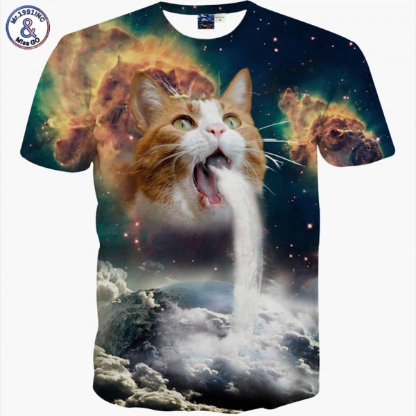 Mr.1991INC New Fashion Space/Galaxy men brand t-shirt funny print super power cat Jetting water 3D t shirt summer tops tees