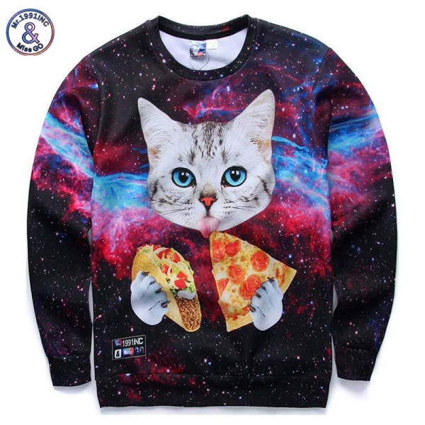 Mr.1991INC New Galaxy 3d sweatshirts for men/women casual hoodies funny print stars night  cat eating Pizza hoodies