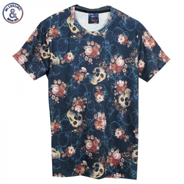 Mr.1991INC Skulls Fashion T-shirt men's 3d Tshirt Short sleeve shirt funny print many skull flowers Asia M/L/XL/XXL LT6