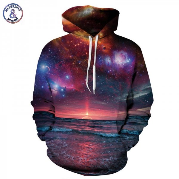 Mr.1991INC Space Galaxy Sweatshirt With Cap Men/women Hooded Hoodies 3d Print Seaside Sun Rising Autumn Thin Hoody