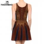 NADANBAO Fashion Autumn Dress Sexy Sleeveless Siamese Skater Dresses IMITATION IEATHER Vintage Printed Women Pleated Dress