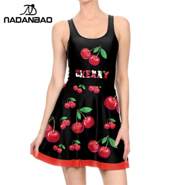 NADANBAO Summer Dress Sexy Sleeveless Siamese Skater Dresses Casual CHERRIES Vintage Reversible Printed Women Pleated Dress