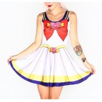NEW  1070 Sexy Girl Women Summer cosplay cute bowknot Sailor Moon 3D Prints Reversible Sleeveless Skater Pleated Dress