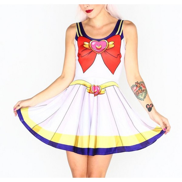NEW  1070 Sexy Girl Women Summer cosplay cute bowknot Sailor Moon 3D Prints Reversible Sleeveless Skater Pleated Dress