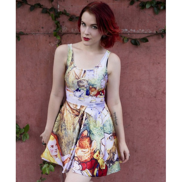 NEW  1186 Sexy Girl Women Summer comic Alice in Wonderland rabbit 3D Prints Reversible Sleeveless Skater Pleated Dress