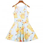 NEW 1258 Sexy Girl Women Summer Cartoon Pocket Monster Pokemon Pikachu 3D Prints Reversible Sleeveless Skater Pleated Dress