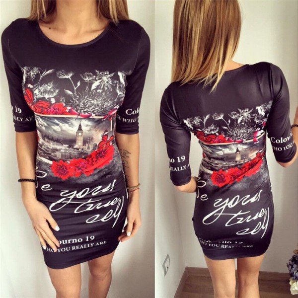 NEW Summer Dress 2016  Sexy Women Dress O-Neck Tight floral Print dress Fashion short Sleeve Bodycon dress knitting empire