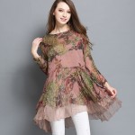 NEW2016 Spring women long sleeve Big bottom asymmetrical floral printed loose chiffon Dress ruffled Vestidos plus size XXXXL8990